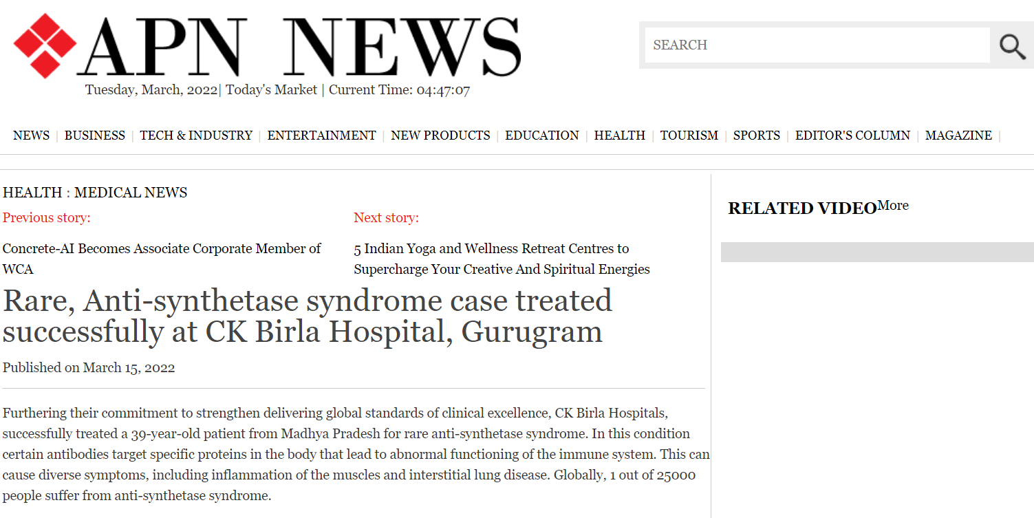 Rare, Anti-synthetase syndrome case treated successfully at CK Birla Hospital, Gurugram